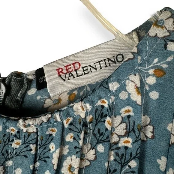 Red Valentino Blue Floral Midi Dress Womens Size Small Peasant Milkmaid Prairie